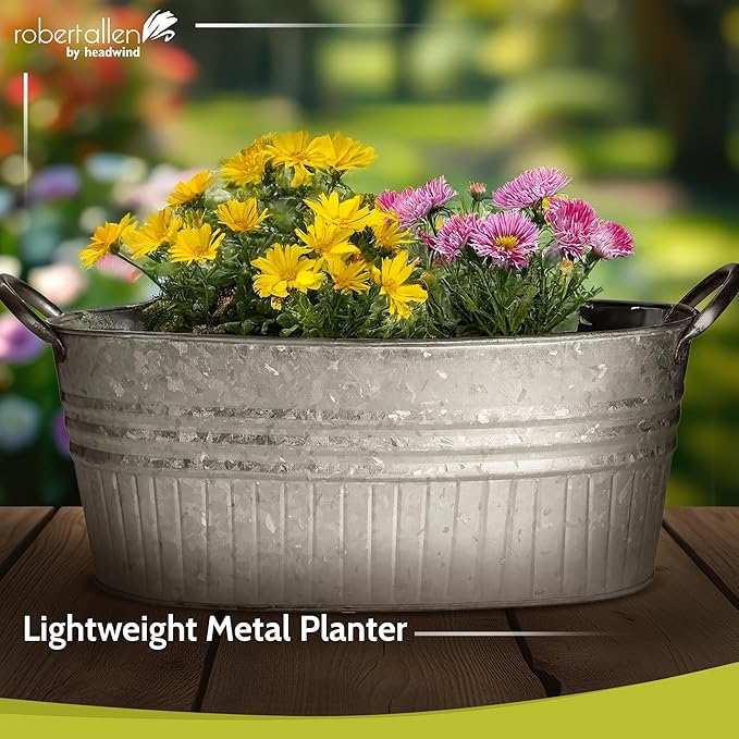 Headwind Decorative Planter - Oval Galvanized Tubs Planter with Handles – 24 Inch Lightweight Steel Indoor Oval Plant Pot with Drainage Holes – Large Galvanized Tub Flower Bucket – Outdoor Planter