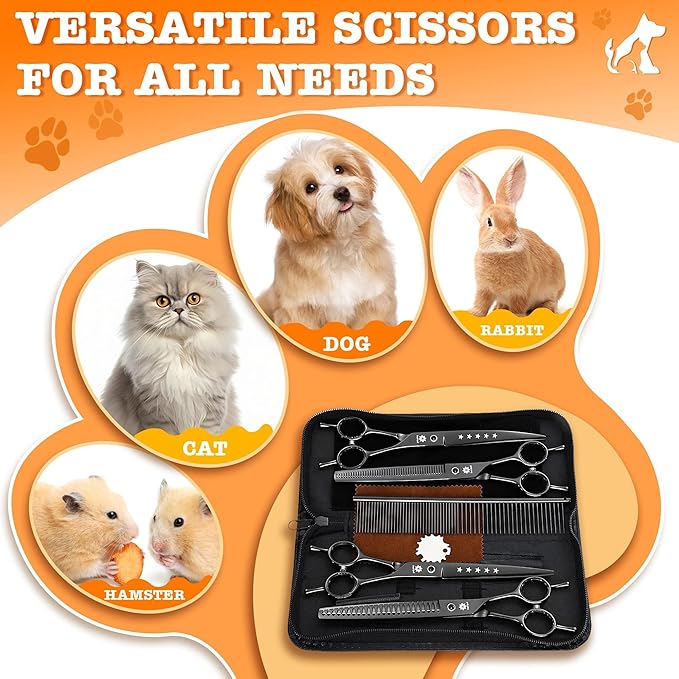 Dream Reach Dog Grooming Scissors - Professional 7.5 Inch Pet Scissors Sharp and Durable Shears Set Thinning, Chunker, Straight, Curved Shears and Comb for Dog Cat Pet, Black