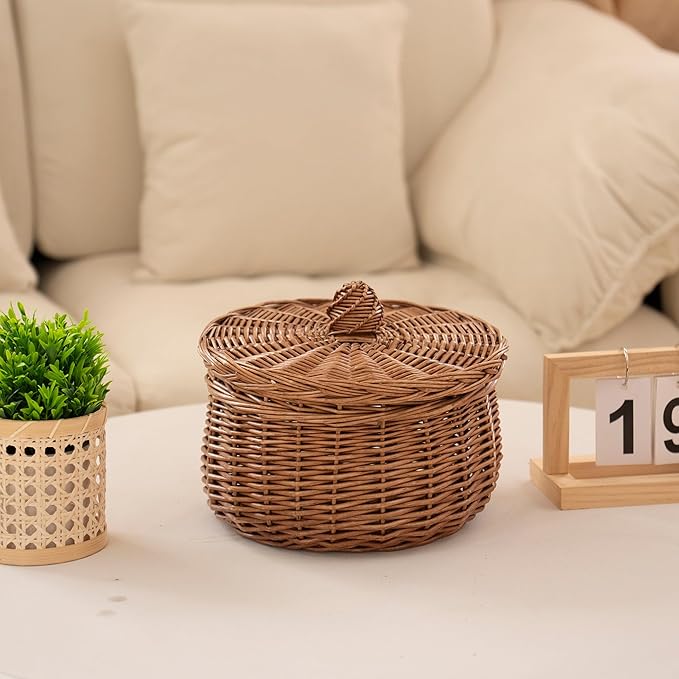 Handwoven Wicker Egg Basket with Lid, Round Farmhouse Rustic Collecting for Kitchen, Chicken Coop & Fruit