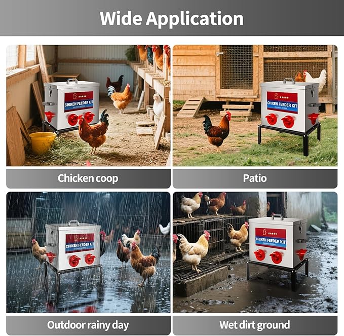 RYFT Chicken Feeder Box 40 Lbs-6 Feeding Port, Galvanized Metal No - Waste Poultry Feeder with Adjustable Legs & Locking Lid