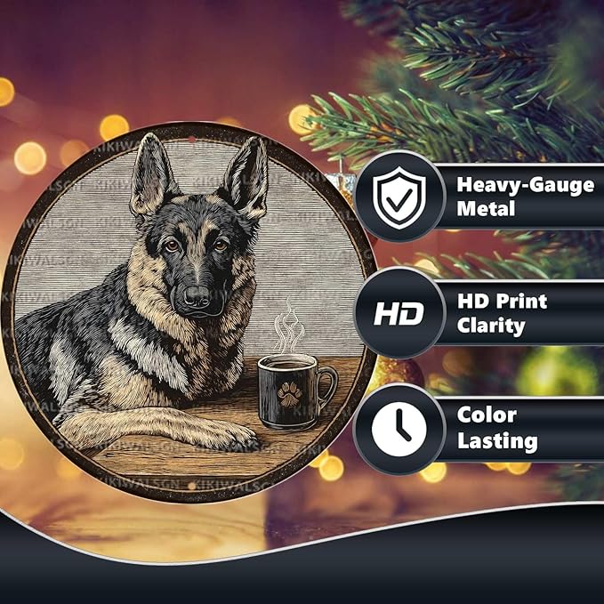 Vintage German Shepherd Dog Round Metal Sign Retro Coffee Tin Sign Nostalgic Dog Lovers Wall Decor Decorations for Home Bedroom Living Room Cafe Bar Man cave Office 12 * 12 In