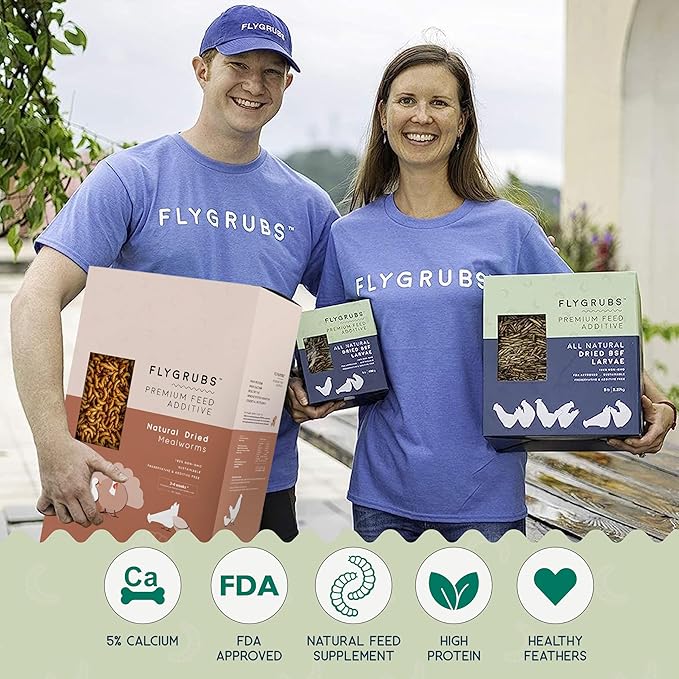 FLYGRUBS 20 lbs Dried Mealworms for Chickens – 85X More Calcium,Non-GMO,High-Protein Feed & Molting Supplement for Hens, Ducks, Turkeys, Wild Birds, Additive & Preservative Free