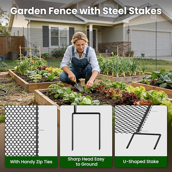 DoCred Plastic Fence with Stakes, 39.4in x 82ft Portable Poultry Fencing Net Mesh for Chickens & Dog, Temporary Gardening Fence Pet Barrier for Backyards, Vegetable Gardens, Lawn & Outdoor Decoration