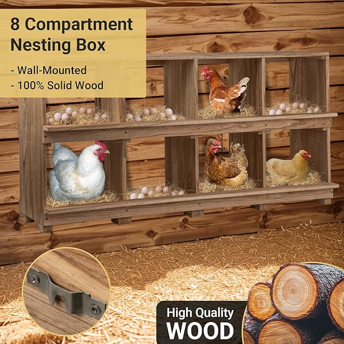 Nesting Boxes for Chickens 8 Compartment, Wall-Mounted Wooden Chicken Nesting Box, Ensuring Comfortable Egg Laying, Preventing Egg Falls, Perfect for Backyard and Poultry Farms