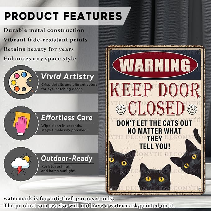 Retro Black Cat Metal Tin Sign Keep Door Closed Sign Funny for Home House Farmhouse Fence House Wall Gate 12 * 8inch