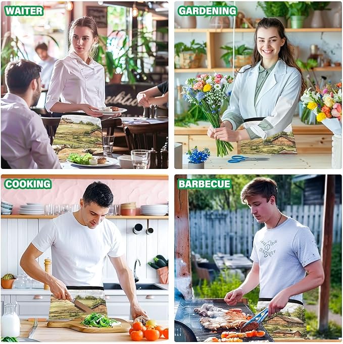 Server Apron with 3 Pockets, Farm Animals 12 Inch Waist Apron for Waiters Gardeners, Waterproof Half Apron Waitress Apron