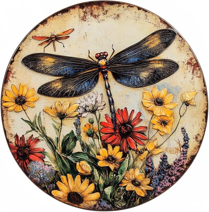 Metal Sign Dragonfly What A Wonderful World Flowers Round Tin Sign for Home Farm House Rustic Garden Yard Vintage Outdoor Outside Porch Wreath Wall Funny Decor 12 Inch