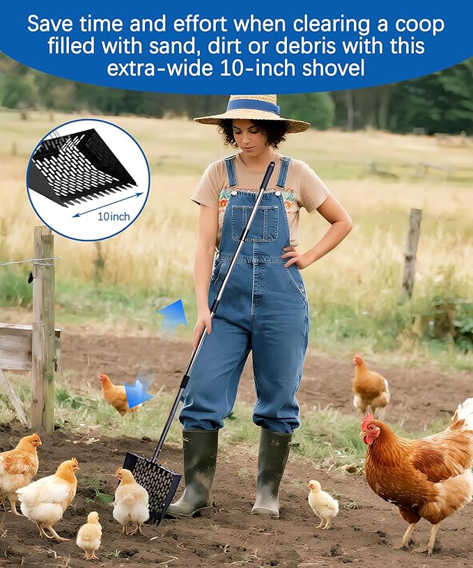 Chicken Poop Scooper and Rake 2-in-1, Metal Chicken Coop Scoop - 32 to 62" Adjustable Handle Sand Sifting Shovel Cleaning for Chicken Coops Animal Pens, Reinforced Joint