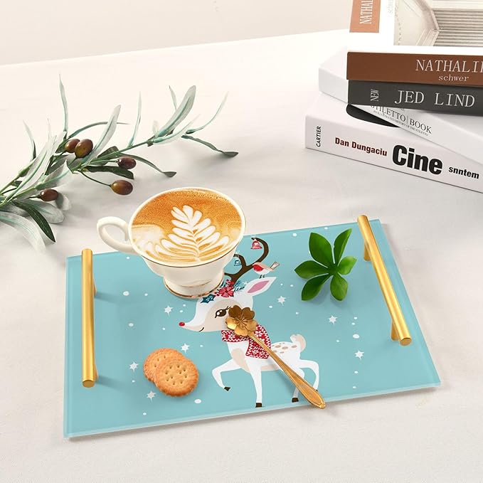 Bathroom Vanity Tray Counter Organizer, Christms Deer in The Snow Decorative Tray with Handles Countertop Storage for Bathroom Bedroom Kitchen Home Farmhouse