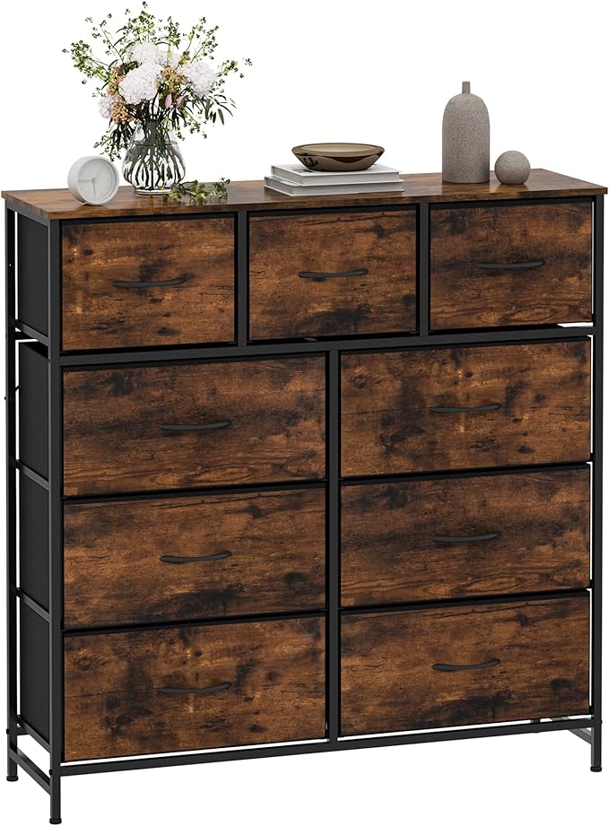 WelFurGeer 9-Drawer Dressers with Sturdy Metal Frame - Tall Chest Organizer Unit with Fabric Bins, Storage Chest of Drawers for Bedroom, Living Room, Hallway, Entryway,Rustic Brown Wood Grain Print