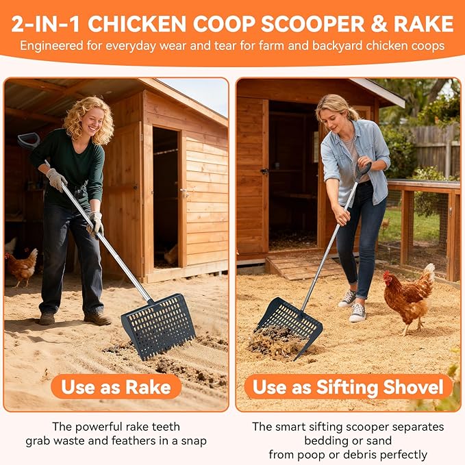 Chicken Poop Scooper & Rake 2-in-1, Chicken Coop Accessories with 13in Wider PP Head & Adjustable Stainless Steel Handle, 33''-69'' Pooper Scooper Sand Sifting Shovel Litter for Small Farm Animals