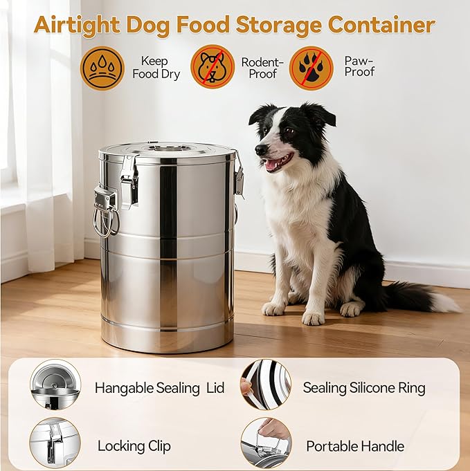 Newget 45 Lbs Stainless Steel Dog Food Storage Container, Large Airtight Pet Food Storage Bin with Lid to Keep Fresh, Metal Container with Scoop for Dog, Cat, Bird Seed, Rice, Grain & Kitchen Pantry