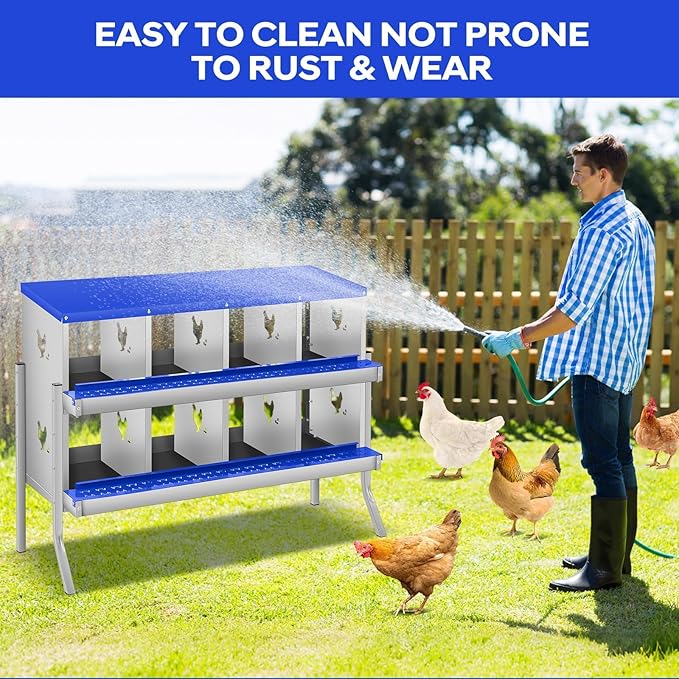 Durable Blue Finish - Metal Chicken Nesting Box for Small Animals - 8 Compartments, Galvanized Steel, Wall-Mounted Egg Laying Box, Easy Egg Collection & Cleaning, Roll Away Poultry Nest - Blue,