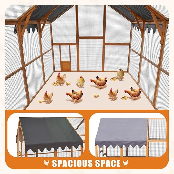 KEIKI 110" L Outdoor Large Chicken Coop with Waterproof Cover, Wire Mesh & 2 Lift Small Doors with Locks, Wood Chicken Coop House with Run for Cat Kitten Playpen, Duck, Rabbit, Quail