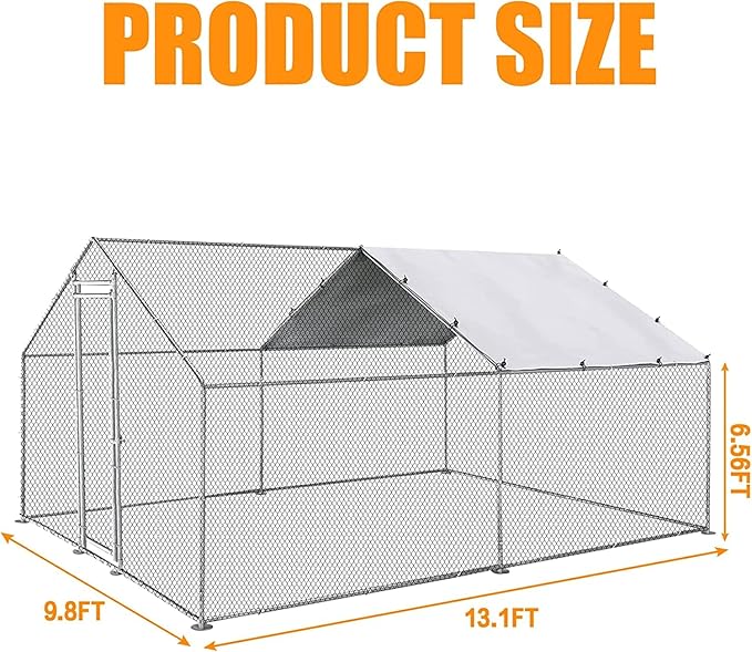 Large Metal Chicken Coop, Walk-in Poultry Cage Galvanized Hen Playpen House with with Water-Resident and Anti-UV Cover, Duck Rabbit House Outdoor, Backyard Farm, 9.8' L x 13.1' W x 6.5' H