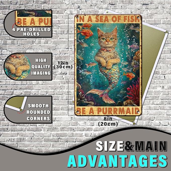 Mermaid Cat Vintage Tin Sign in A Sea of Fish Be A Purrmaid Metal Tin Sign for Coffee Home Decor Sign 12x8inch
