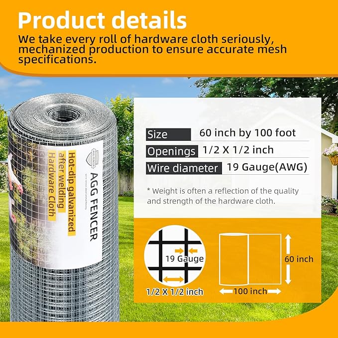 60inch x 100ft Hardware Cloth 1/2 inch Chicken Wire Fencing 19Ga, Hot Dipped Galvanized After Welding Garden Plant Supports Welded Metal Chicken Wire Fence Poultry Animal Netting Cage Screen