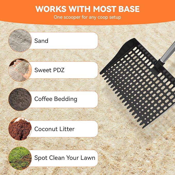 Chicken Poop Scooper & Rake 2-in-1, Chicken Coop Accessories with 13in Wider PP Head & Adjustable Stainless Steel Handle, 33''-69'' Pooper Scooper Sand Sifting Shovel Litter for Small Farm Animals