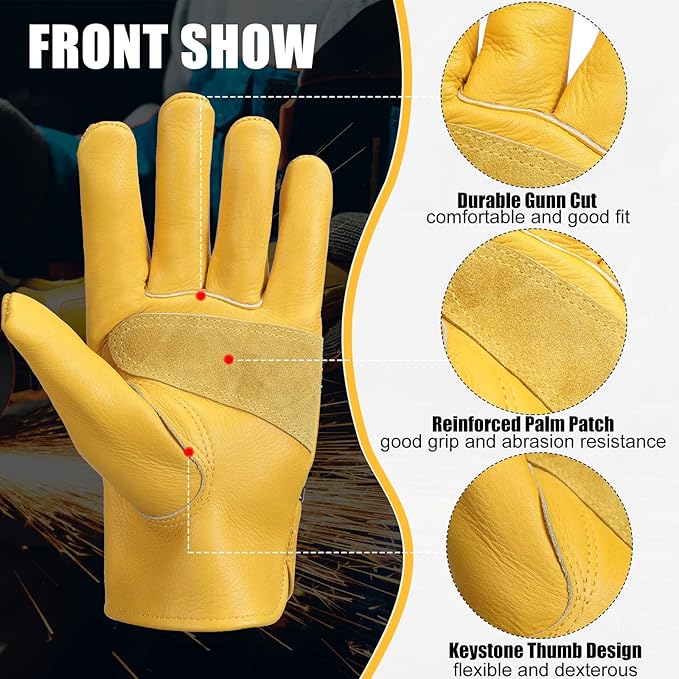 Bencailor 4 Pairs Leather Gloves for Work Leather Gardening Gloves Cowhide Durable Puncture Cut Resistant for Men Women