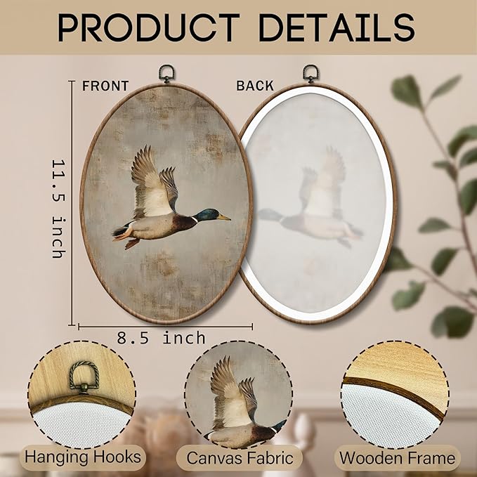 Yorhifa Vintage Mallard Duck Framed Wall Art, Cottagecore Country Duck Hunting Oval Wall Art, Rustic Farmhouse Oval Walls Decor, Wildlife Waterfowl Canvas Artwork Hanging Decor, 8.5x11.5in