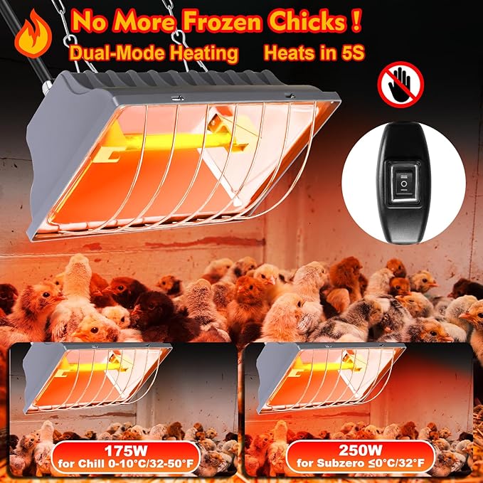250W Brooder Heater for Chicks,Chicken Coop Brooder Heating Lamp Warmer 2 Pack with 2Pcs Infrared Heat Bulbs,2 Adjustable Temp(250W/175w) & Hight for Poultry Coop and Small Pets