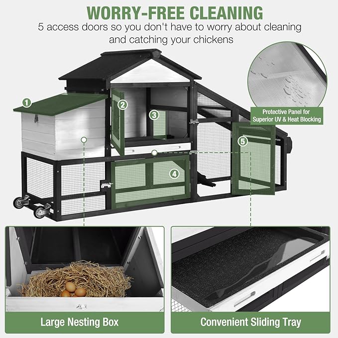 Chicken Coop with Run Large Hen House on Wheels Chicken House Poultry Cage with Nesting Box, Leakproof Pull-Out Tray, Waterproof Roof for 3-5 Chickens (Black, 72.3" L x 26" W x 39.4" H)