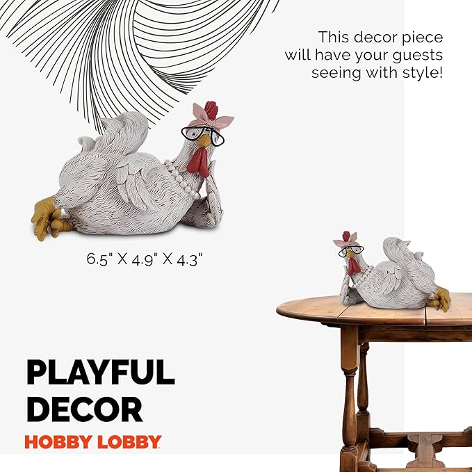 Resin Chicken Figurine with Glasses – Distressed Faux Taxidermy – Resin & Metal Animal Sculpture – Country Western Themed Party Decorations – Farmhouse Style Decor for Home, Office Desk & More