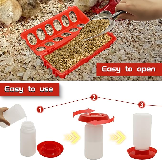 Chicken Feeder and Waterer kit-Flip Top Chick Feeder with 12 Feeding Hole and 1 L Plastic Waterer,Baby Chick Starter Kit for Small Poultry
