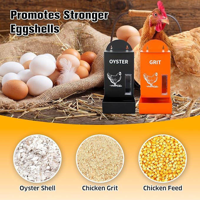 2Pack Automatic Chicken Grit & Oyster Shell Feeder with Rain Cover, Gravity-Fed Metal Poultry Feeder Trough for Coop, Outdoor Use