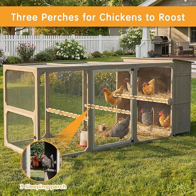 Large Chicken Coop with Run and Waterproof Cover, 92.5" Wooden Outdoor Hen House with 6 Nesting Boxes and Roosting Bars, Expandable Poultry Cage for 4–6 Chickens, Ducks or Rabbits, Backyard Farm Use