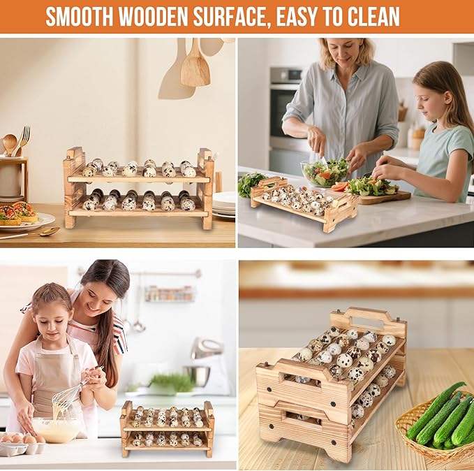 Stackable Wooden Quail Egg Holder Countertop-Expandable Storage Rack with 4 Bonus Egg Cups | Solid Wood Tray with Secure Interlocking Dowels for 48 Fresh Quail & Pigeon Eggs (Single or Multi-Tier Use)