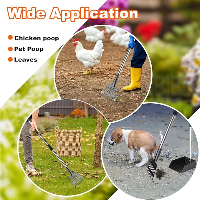 Mity Rain Chicken Coop Accessories, 2-in-1 Ergonomical Chicken Scooper for Cleaning and Sifting, Adjustable Poo Rake with Space-Saving Tray and Rake, Backyard Coops Supplies