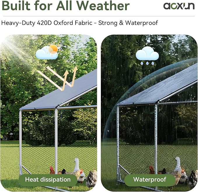Aoxun Metal Chicken Coop, Outdoor Chicken Runs for Yard with Cover, Spire Roof Hen House Enclosure with Security Lock, Walk-in Cage Peak Hen House for Yard Farm (10x6.5x6.4 FT)
