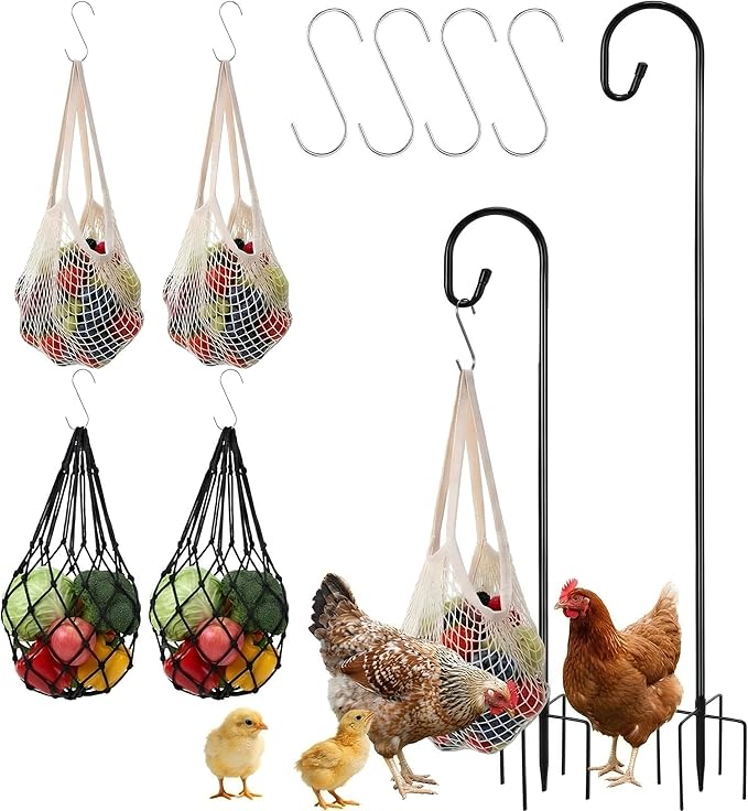 10 Pcs 2 Sets Hanging Chicken Feeder Chicken Coop Toys Accessories Include Dual Size Poultry Vegetable Fruits String Bag Heavy Duty Shepherd's Hook Veggie Treat Ball for Hen Goose Duck