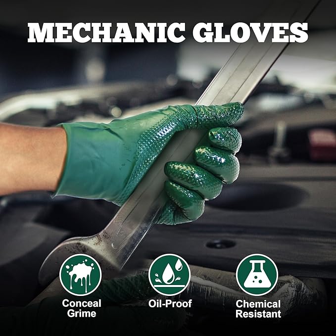 TitanFlex Heavy Duty Industrial Nitrile Gloves with Raised Diamond Texture, 6-mil, Latex Free (Dark Green/Yellow)
