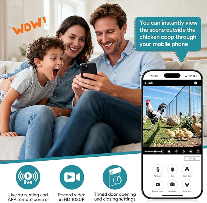 Smart Automatic Coop Door with Camera, WiFi App Control & Timer, Solar Chicken Door Opener, 1080P Night Vision, Anti-Pinch Safety, Real-Time Alerts, Roll-Up Chicken Coop Automatic Door Fits All Coops