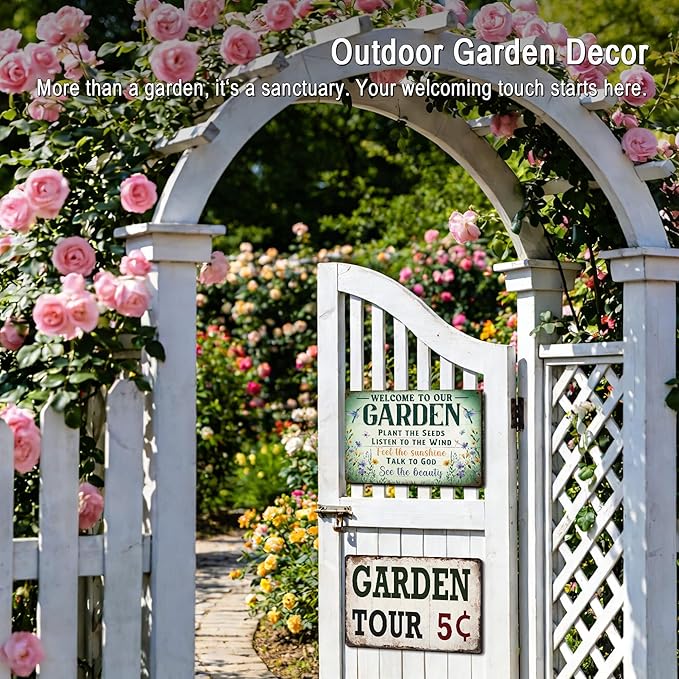 Garden Signs Garden Decor for Outside - Welcome To Our Garden Tin Sign, Vintage Gardening Signs Gifts for Plant Lovers Women Gardeners 12x8 Inch