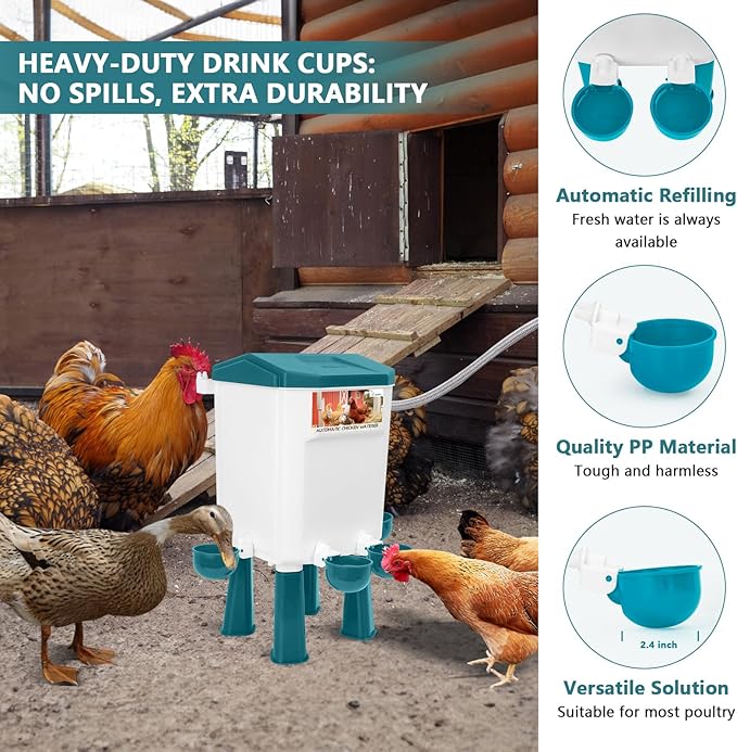 Lilyang Automatic Chicken Waterer 2 Gallon | Float-Control Auto Waterer, Hanging/Standing Design, Connect to 3/4'' Faucet & Hose, Effortless Hydration Solution for Backyard Coop & Small Farm
