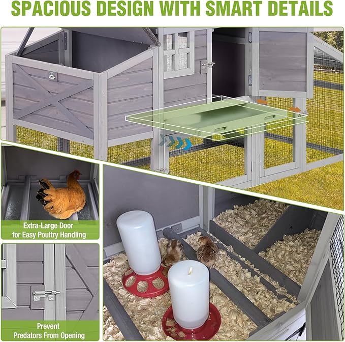 GUTINNEEN Chicken Coop with Wheels for 2-4 Chickens, Large Wooden Outdoor Hen House with Run, Waterproof & UV-Resistant Roof, Removable Leakproof Tray and Divided Nesting Box– Grey