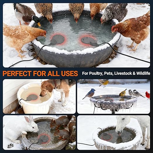 Chicken Water Heater for Winter with Immersion Design, Bird Bath & Livestock De-Icer, Fish Tank and Water Trough Heater with Automatic Thermostat — Prevents Freezing for Poultry, Turtle & Koi Pond