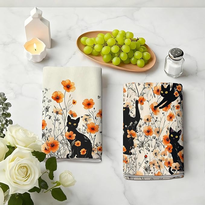 Black Cat Kitchen Towels Decorative Set of 4, Burnt Orange Floral Dish Towels Dish Cloths for Drying Cleaning, Soft Absorbent Cute Hand & Tea Towel, Cat Lover Kichen Decor & Gifts for Women