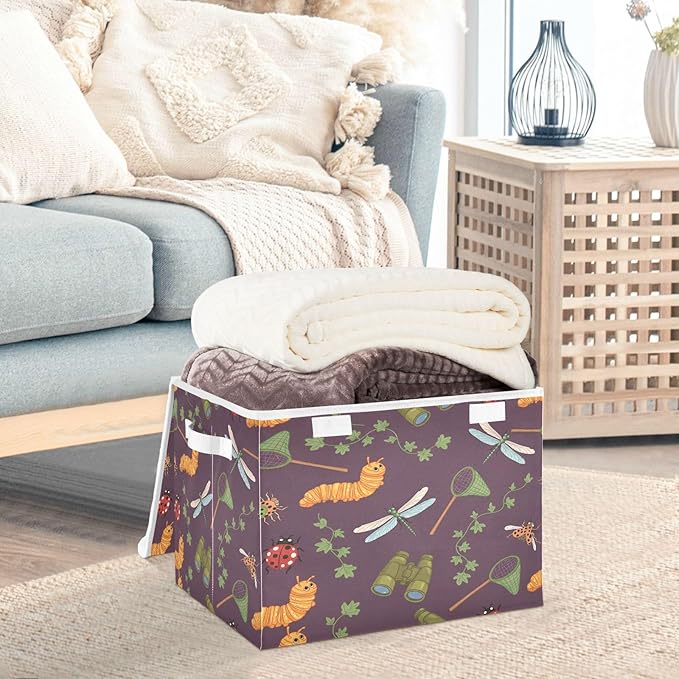 Dragonfly Net Binoculars Caterpillar Storage Bins with LidsLeaves Insect Foldable Storage Basket with Handles Collapsible Large Fabric Organizer Containers for Clothes Shelves Closet Office Ho