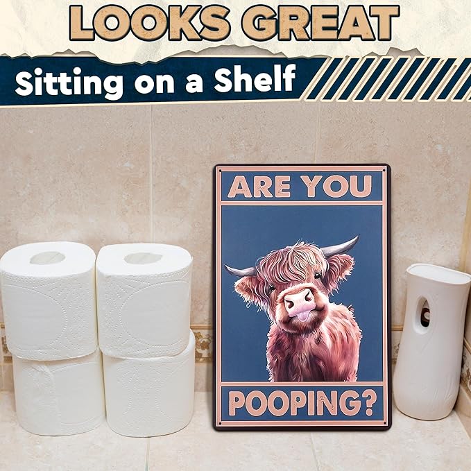 Are You Pooping Highland Cow Sign - Funny Bathroom Decor Metal Sign with Anti-Rust Coating 12x8 Inch - Highland Cow Decor for Home, Metal Wall Plaque for Toilet, Tin Wall Art – Farmhouse Funny Bathroom Art