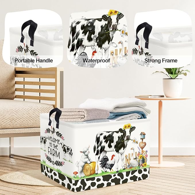 Farm Animals Storage Basket Collapsible Clothes Baby Nursery Hamper Large Book Shelf Basket Boy Girl Toy Box Bin for Kid Room, Cow, 36L