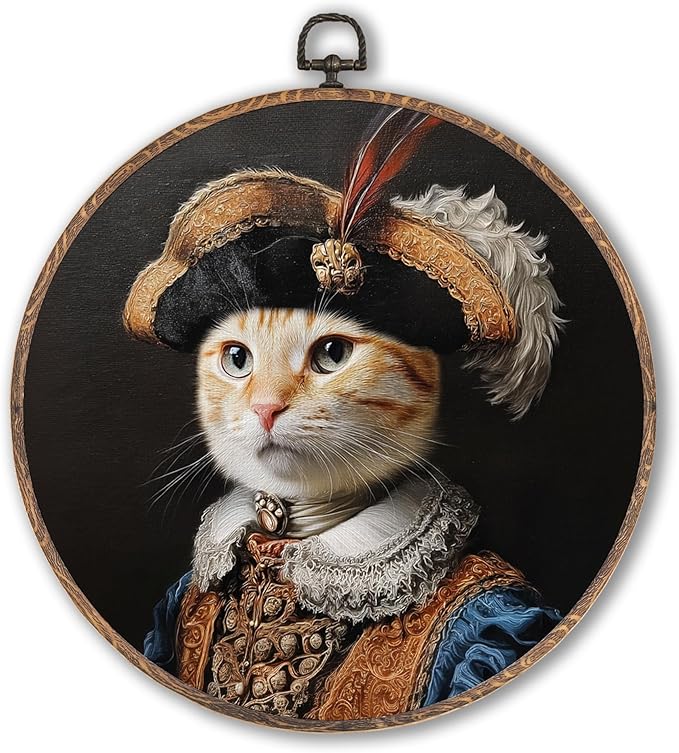 Hxlac Victorian Cat Round Wall Art Framed, Vintage Cat Round Wall Decor, Cottagecore Farm Animal Hanging Canvas Prints Wall Sculptures for Home Living Room Bedroom Decor, 10x10 Inch
