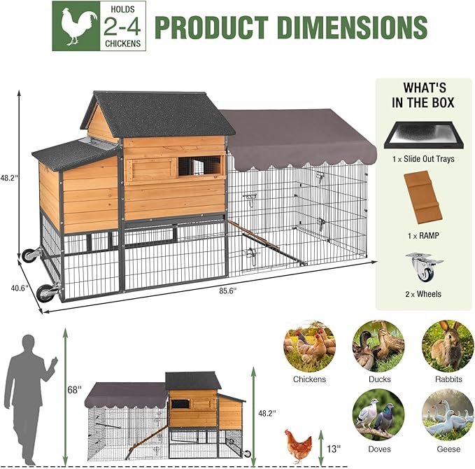 GUTINNEEN 85.6" Large Chicken Coop with Run for 6-8 Chickens, Heavy Duty Chicken Tractor with Wheels, Wooden Chicken House with Reinforced Steel Frame, Nesting Box & Pull-Out Metal Tray