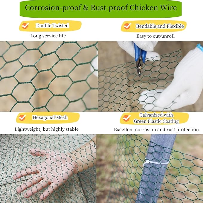 Chicken Wire for Floral Arrangements, 15.75" x 157.48" Green Floral Chicken Wire Mesh, 0.6" Anti-Rust Hexagonal Galvanized, PVC Coated Hardware Cloth Metal Netting for Crafts Poultry Garden Fencing