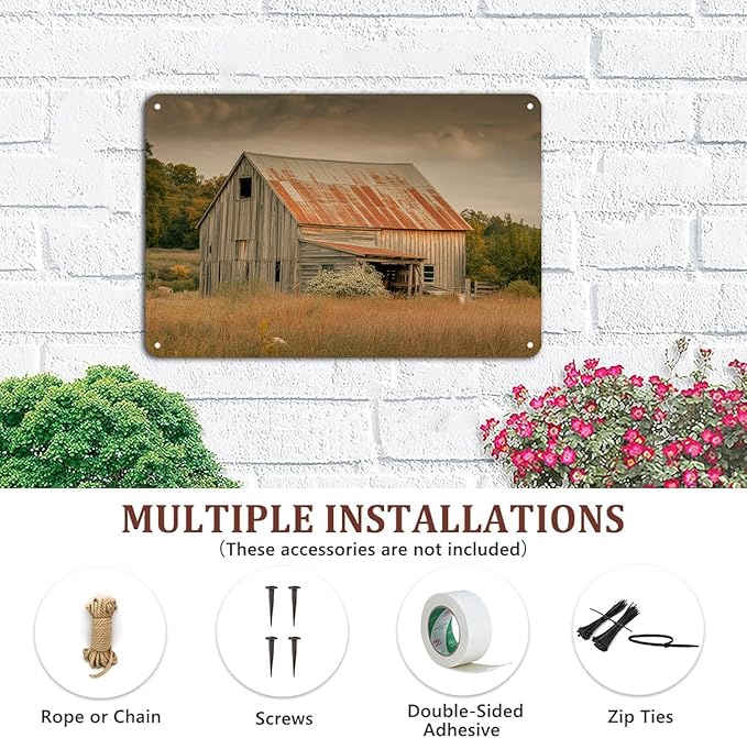 Rustic Barn Landscape tin sign Vintage Farmhouse Metal Sign for Garden Yard Cafe Porch Home Kitchen Outdoor Wall Decor Gift 8 x 8 in