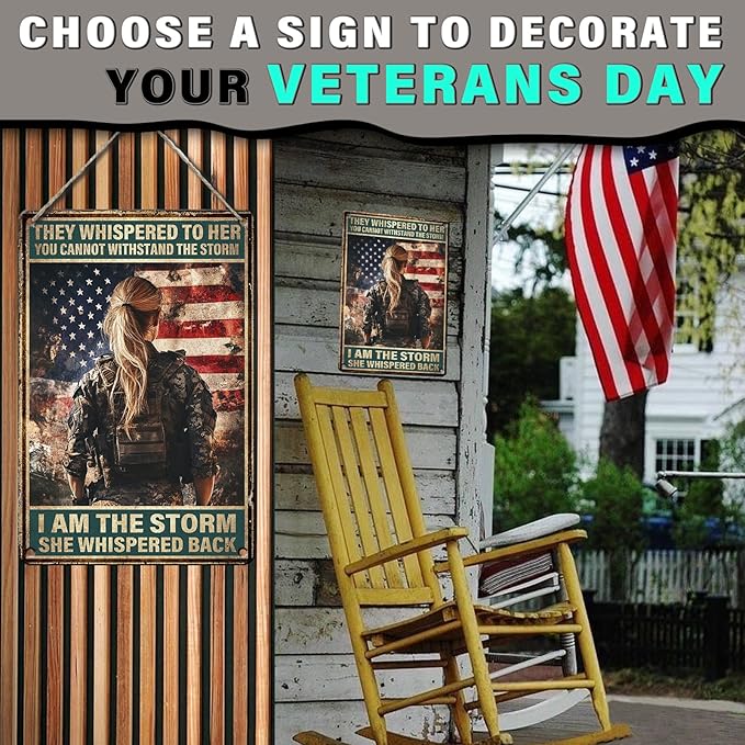 PEACHGARDEN Vintage Female Soldiers Metal Sign Patriotic Veteran Wall Decor I Am the Storm Poster for Soldier Home Living Room Bar Pub Outdoor Decoration 8x12inch