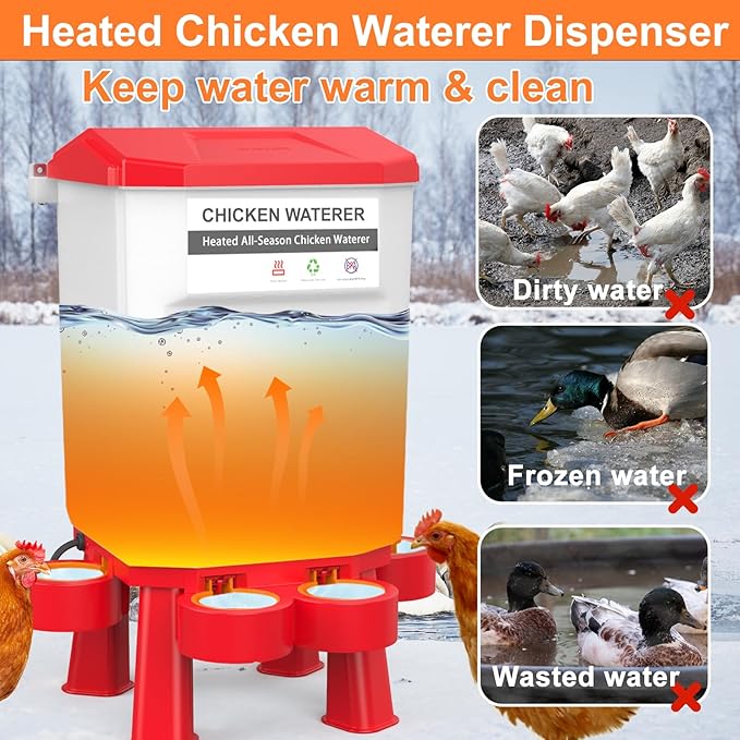 Hanging Heated Chicken Waterer, 3 Gallon Plastic Chicken Water Heater Heated Poultry Drinker, Detachable Legs, Winter and Summer Dual-use, Poultry Water Heater for Chicken Goose Duck - Red